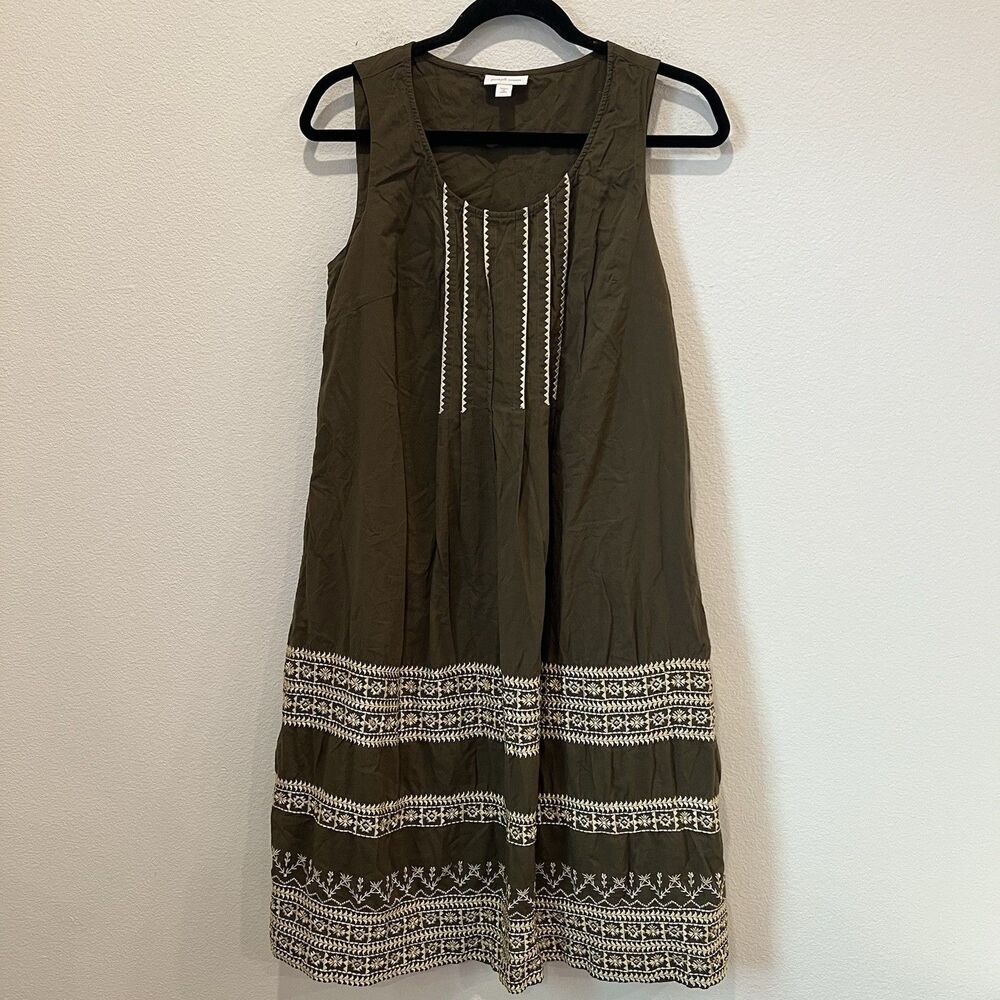 Pure Jill Sleeveless Dress Green Embroidered Scoop Neck A-Line Knee Length M P